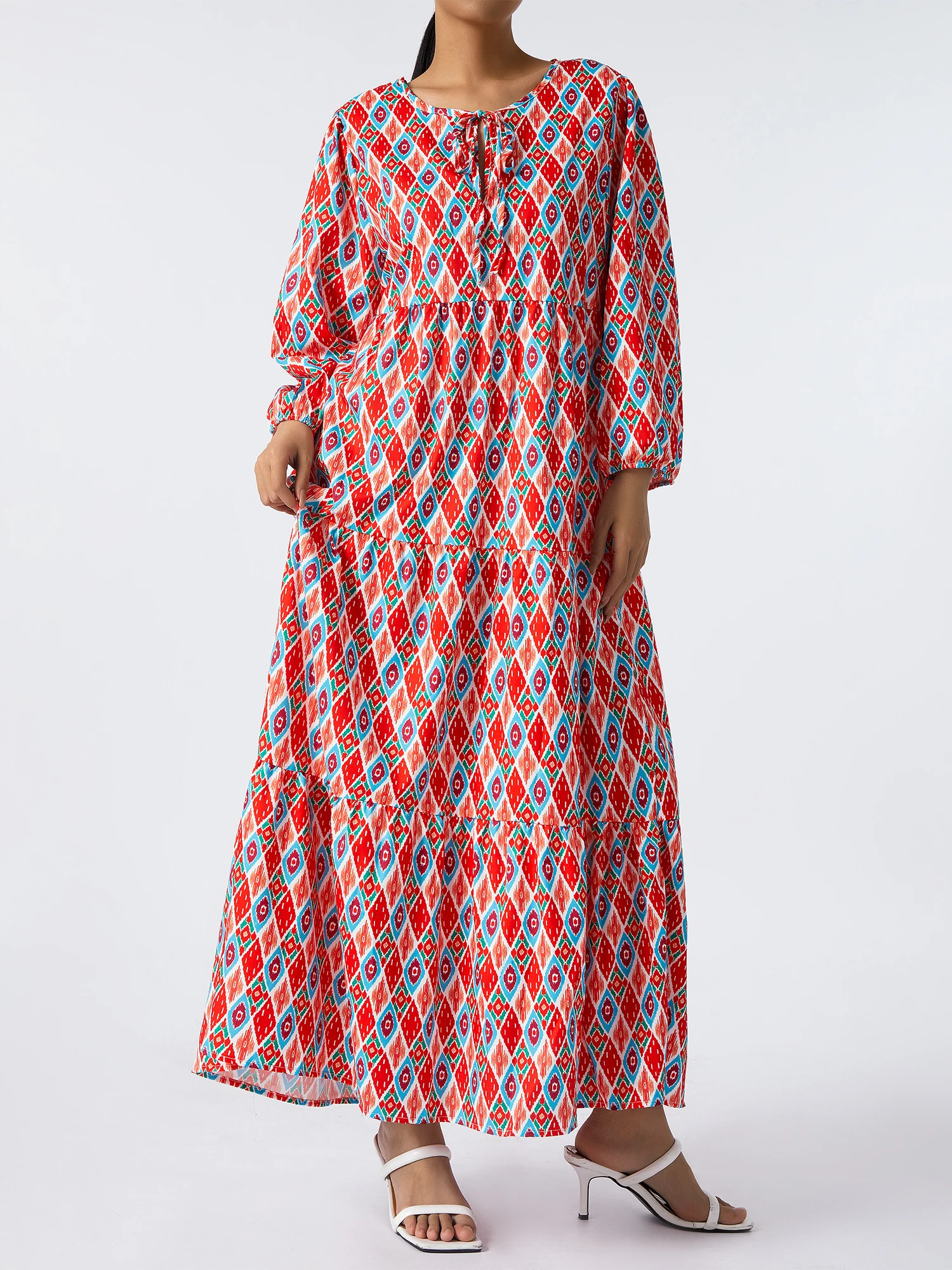 

Women Elegant Geometric Print Long Dress V-neck Puff Long Sleeve Loose Vinrage Dress Spring Fall Club Streetwear Harajuku 2023