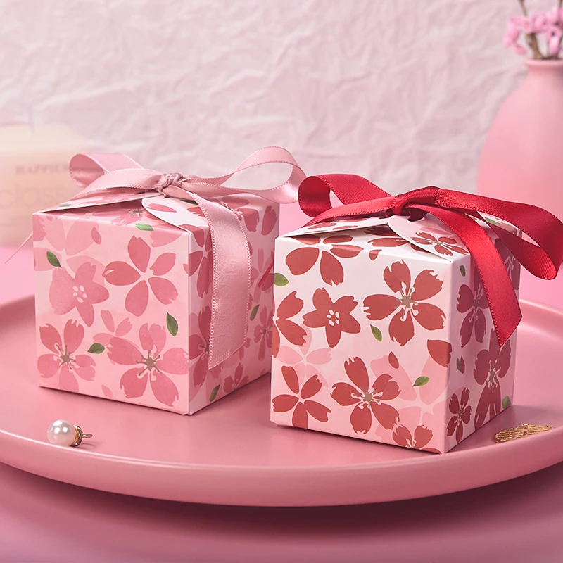 

Square cute pink red cherry blossom candy box wedding favors for guests Chocolate Packaging Gift Boxes Birthday Party Supplies