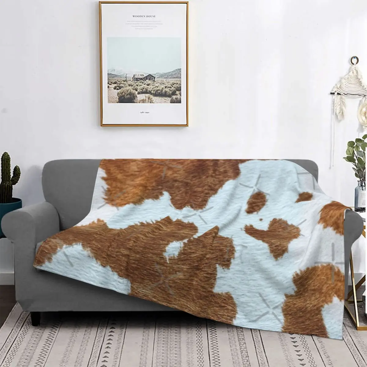 

Manta a cuadros de piel de vaca, colcha para cama, sofá, cama, Anime, color marrón y blanco