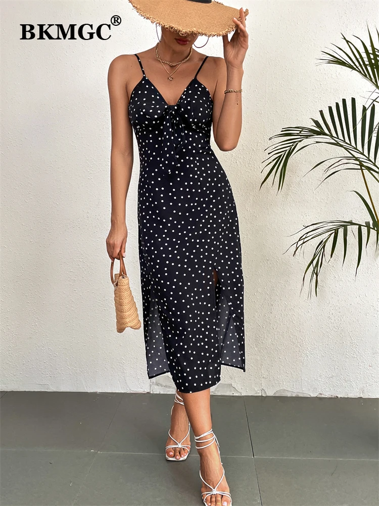 

BKMGC Black Sexy Dress For Women Elegant Floral Printed Suspender Deep V Split Dress Women 2022 High Quality Woman Dress 2825