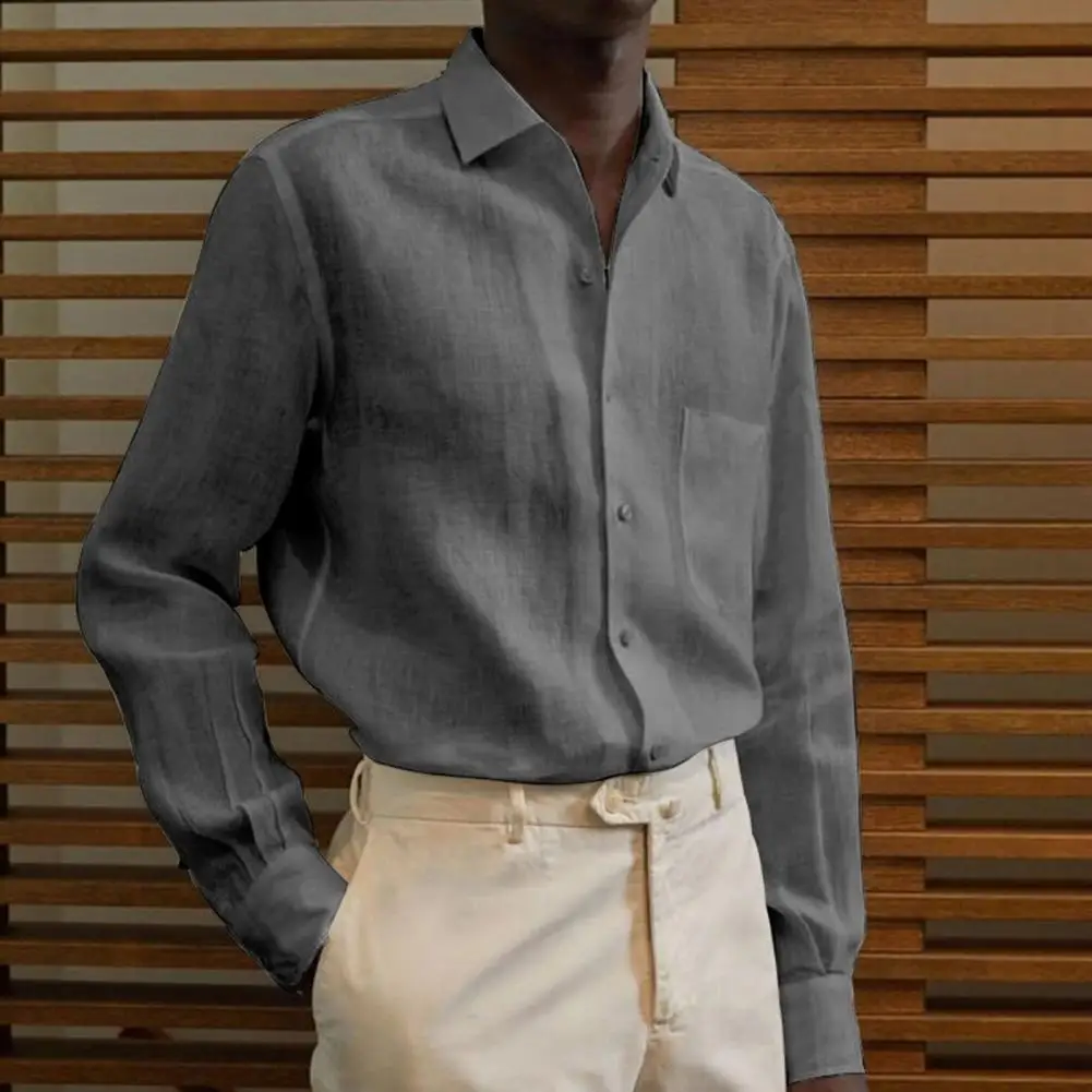 

Men Blouse Lapel Collar Loose Buttons Closure Long Sleeve Breast Pocket Solid Color Summer Pure Dress Shirt for Business