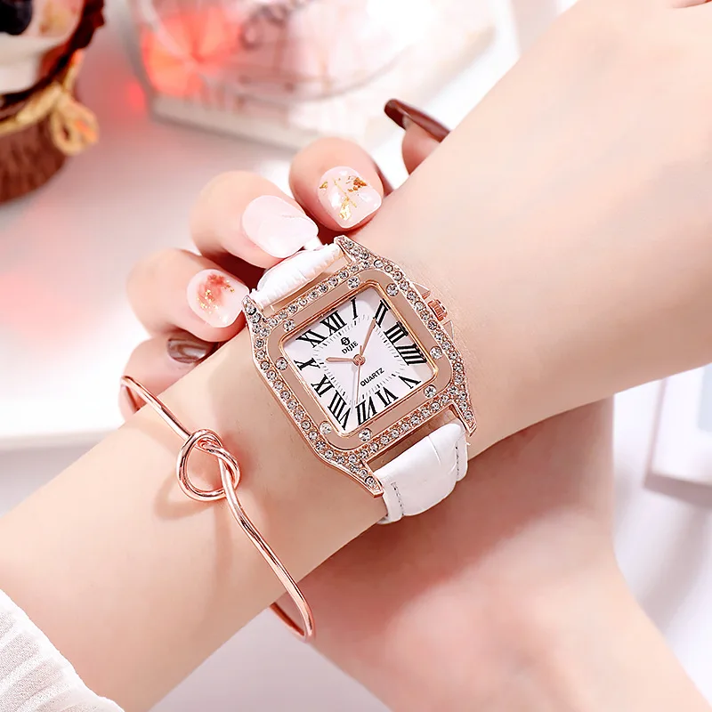 

Retro Square Quartz Rhinestone Dial Casual Wrist Watches Leather Strap Fashionable Clock for Waterproof Wristwatch for Women