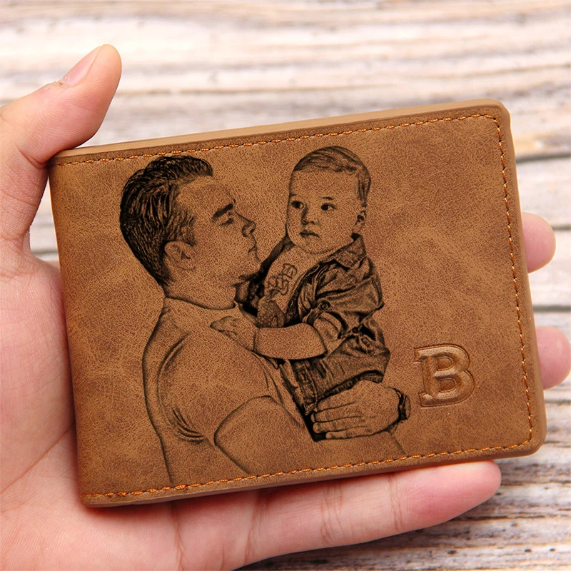 Photo Wallet Men Customize Multifunction Short Small Pu Leather Bifold Vintage Personalized Picture Text Purse Father's Day Gift