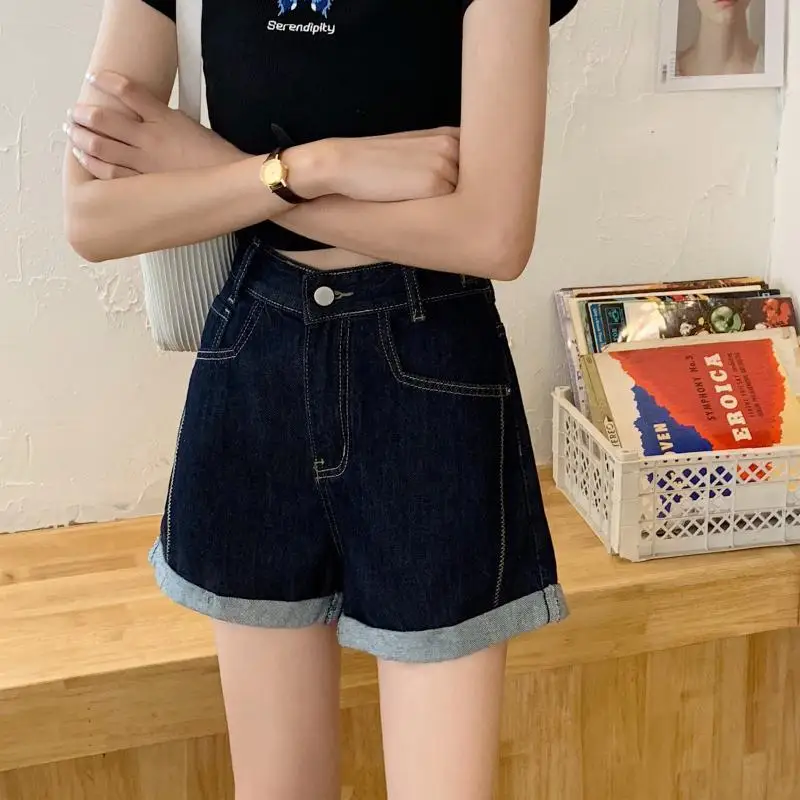 High Waist Dark Blue Wide Leg Pants Summer New Loose Patchwork Versatile Shorts Korean Casual Fashion Women Clothing