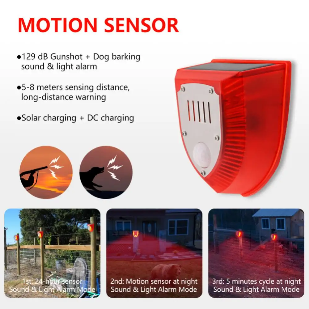 

Solar Motion Sensor Alarm Lamp Outdoor Solar Siren Dog Barking Gunshots Repeller Orchard Farm Wild Boar Repellent Alarm Detector