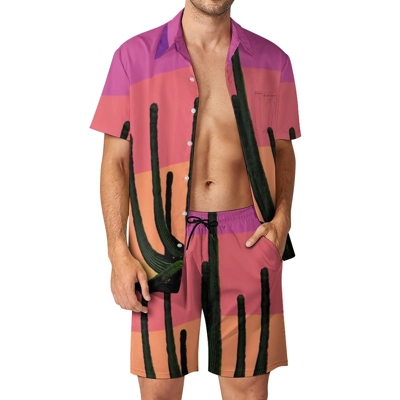 

Colorful Desert Vacation Men Sets Saguaro Cactus Sunset Casual Shirt Set Summer Graphic Shorts Two-piece Hawaii Suit Plus Size
