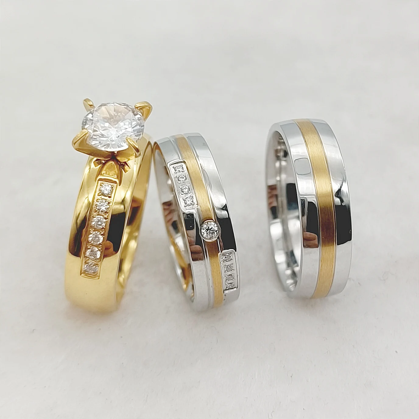 

Classic 3pcs Wedding Engagement Rings Alliance For Wife and Husband Gold Plated Stainless Steel Jewery Wholesale