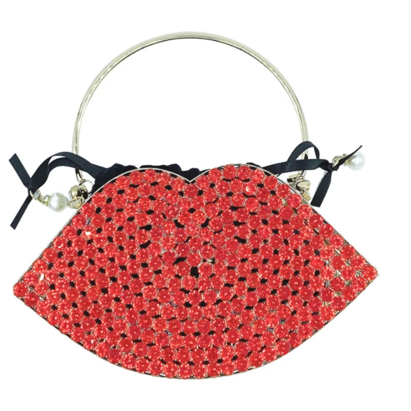 

Luxury Diamond Red Lips Evening Clutch Bag for Women New Hollow Out Small Metal Cage Ladies Rhinestone Purses and Handbags
