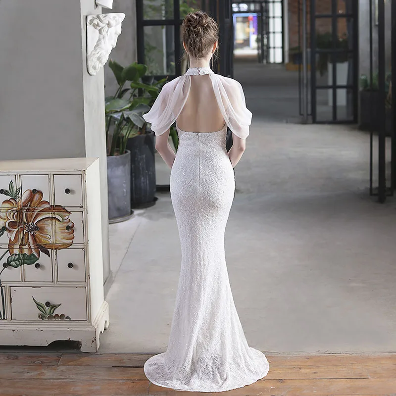 DongCMY Vestido Fiesta Mujer Elegante Boda Lujo из бисера и сетки с длинной лямкой на шее рыбий хвост