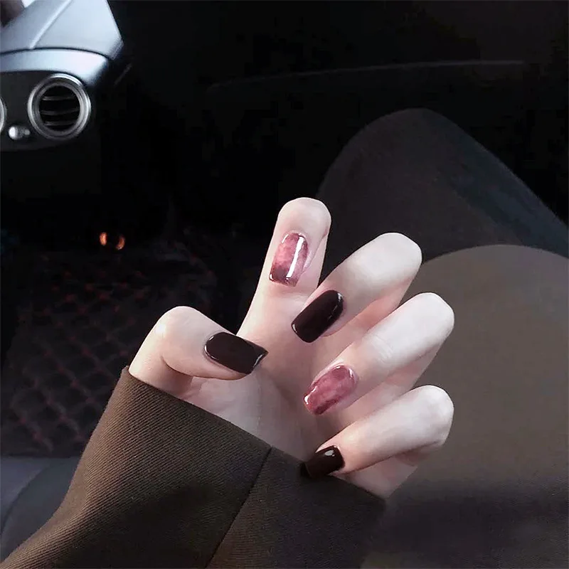 

24Pcs/box Full Cover Detachable Short False Nails Pure Black Caramel Amber Short Square Wearable Fake Nails with Jelly Glue