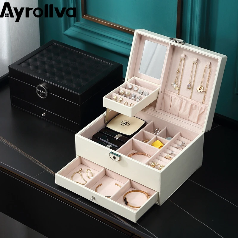 

Ayrollva белые шкатулки для украшений Tray с ящиками, кожаная коробка, органайзер для хранения с замком, кольцо, серьги, ожерелье, Органайзер