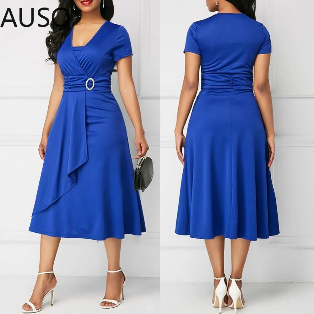 

Plus Size Elegant Women Solid Color Short Sleeve V Neck Asymmetric Hem Waist Tight Midi Party Dress Ladies Evening Vestidos