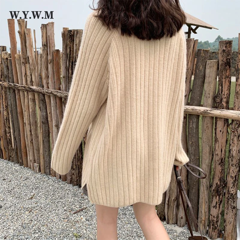 

WYWM 2021 Mid-length Knitted Fashion Sweater Women Autumn Loose Basic Vertical Stripes Pullovers Ladies Korean Bottoming Jumper