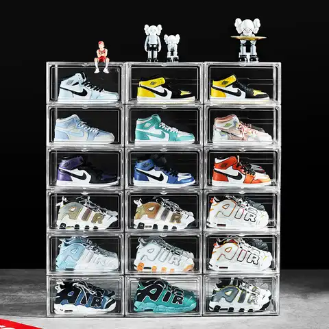 Высококачественная коробка для кроссовок, пластиковая коробка для обуви, составной металлический стеллаж для обуви AJ с высокой пыленепрон...