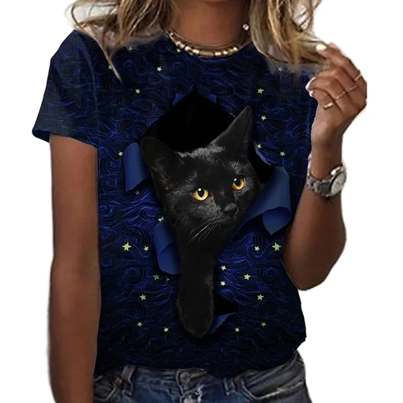 

Forest Cat 3D Print Short Sleeve T-shirt Women Comfortable O-Neck Clothes Funny Retro Pullover Female Top