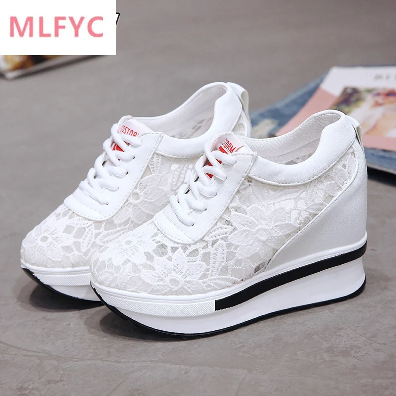 

2020 Summer Women Shoes Wedge Mesh Lace Up Joker Small White Shoes Breathable Thick Bottom Platform Shoes Casual Sneaker Shoes