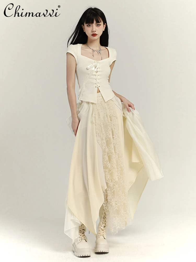 

Fairy Style Mori Style Skirt 2023 Summer New French Style Temperament Elastic Waist Lace Patchwork Asymmetric Long Skirt Women