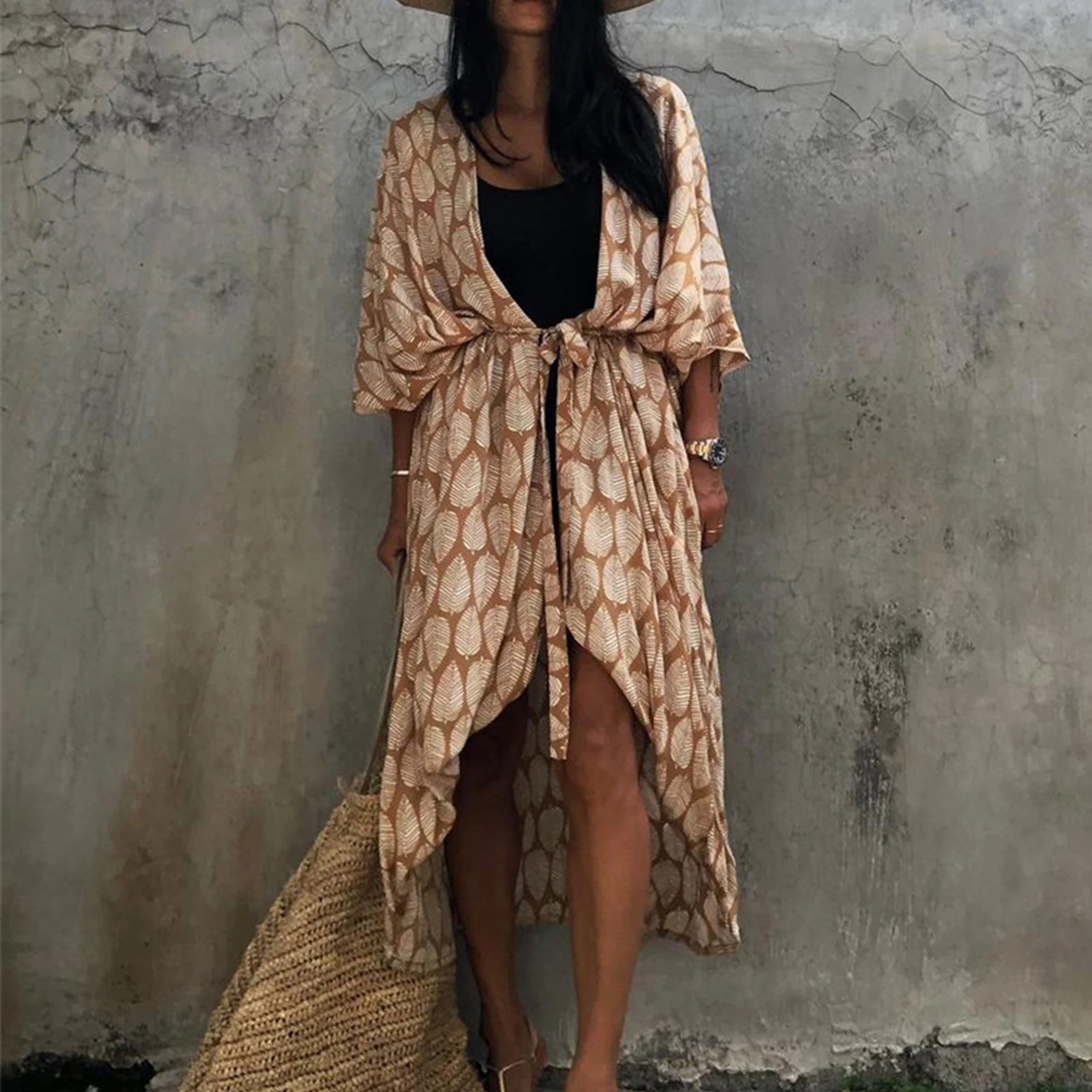 

Women's Summer Beachsuit Outfits Leaf Printed Sunscreen Shirt Dress Beach Blouse Gift for Wife Girlfriend Wearing H9