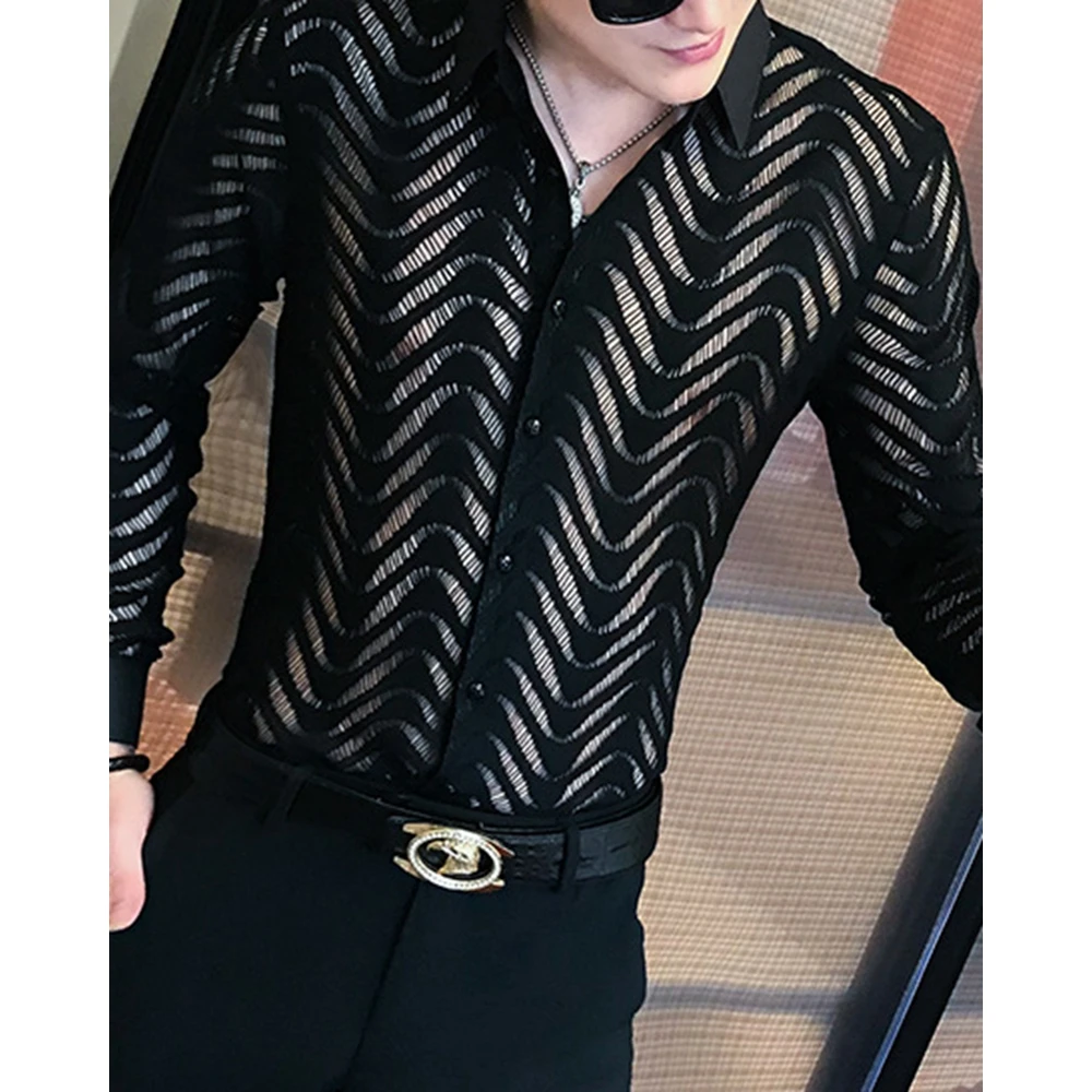 

Activity Social Style Men's long Sleeved Lace Shirt Men's Korean Version Slim Fitting mesh red hollow out top