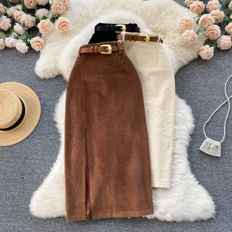 

Corduroy Skirts Vintage High Waist Belted Jupe A-line Mujer Faldas Long 3 Colors Split Skirt Casual Women Clothes Dropshipping