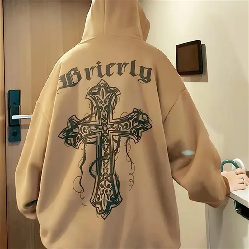 

Hip Hop Loose Cross Hooded Sweater Men Autumn Oversize Loose Aesthetic Grunge Streetwear Cyber Y2k Sweatshirts Hoodies Clothing