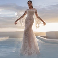 long flare sleeve lace mermaid wedding dress 2021 sheer o neck gorgeous bridal gown princess simple civil robe de mariee summer