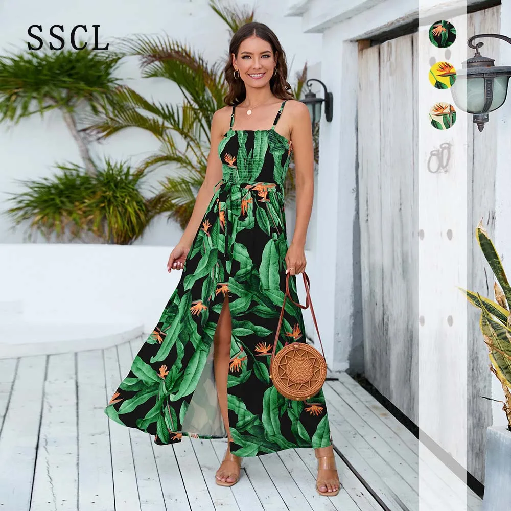 

SSCL Spring Summer Bohe Slit Maxi Dresses for Women 2023 Casual Beach Style Sleeveless Long Dress High Waist A Line Sundress