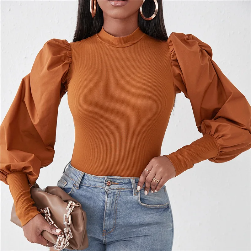 

New stitching long-sleeved round neck pullover slim fit solid color temperament commuter women's T-shirt