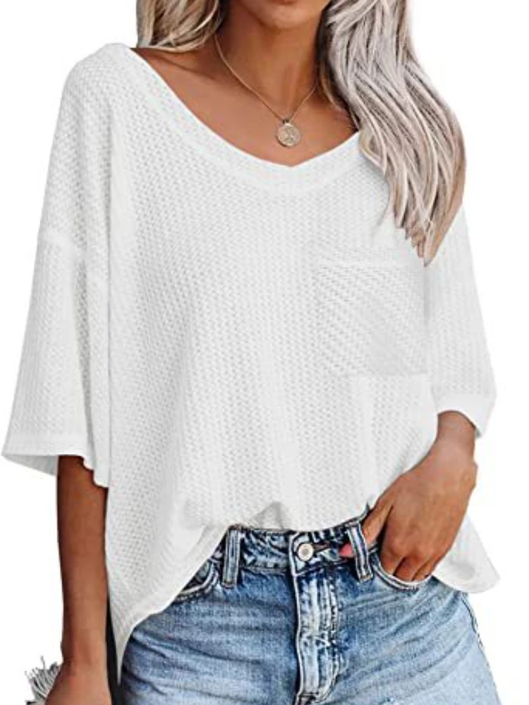 

2023 Summer European and American Women's New V-neck Pocket Casual Short Sleeve T-shirt oversized t shirt women clothes
