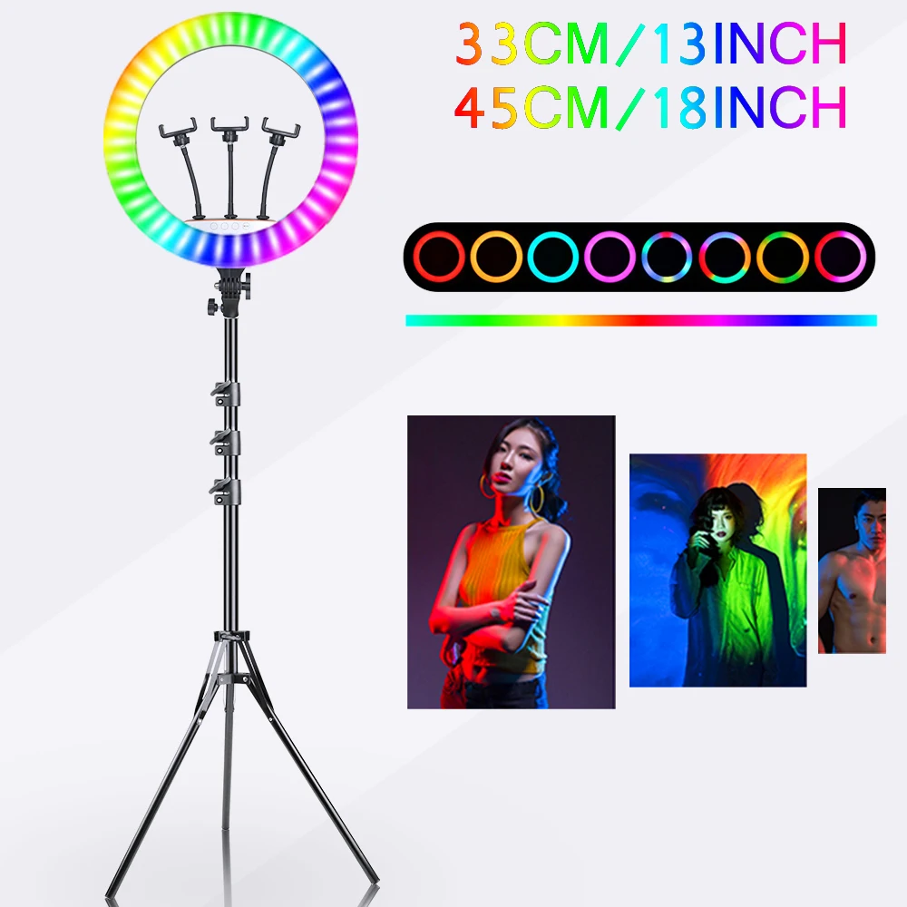 

45cm 18 Inch RGB Ring Light Tripod Colorful Selfie Photography Lighting With Phone Holder Stand For Youtube Live LED Ringlights