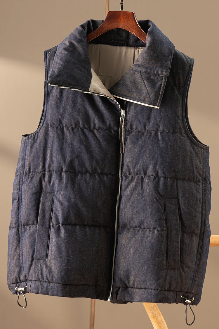 Denim Down Jack Vest Women High Quality 95% White Goose Down  Casual  Cotton  Winter Coat Women Warm Zipper Wide-waisted Pockets