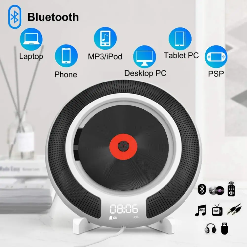 Portable Bluetooth-compatible CD Player Wall Mounted FM Radio Built-In HiFi Speaker With Remote Control Headphone Jack enlarge