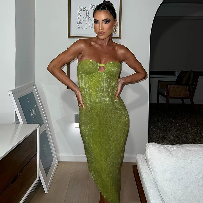 

Sexy Strapless Women Dress Yellow Backless Elegant Evening Dress Female Summer Bodycon Party Clubwear 2022