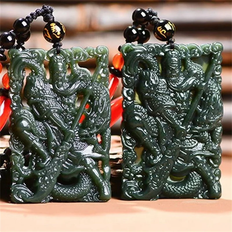 

Hot Selling Natural Hand-carve Hetian Jade Cyan Da Dao Guan Gong Necklace Pendant Fashion Jewelry Men Women Luck Gifts1