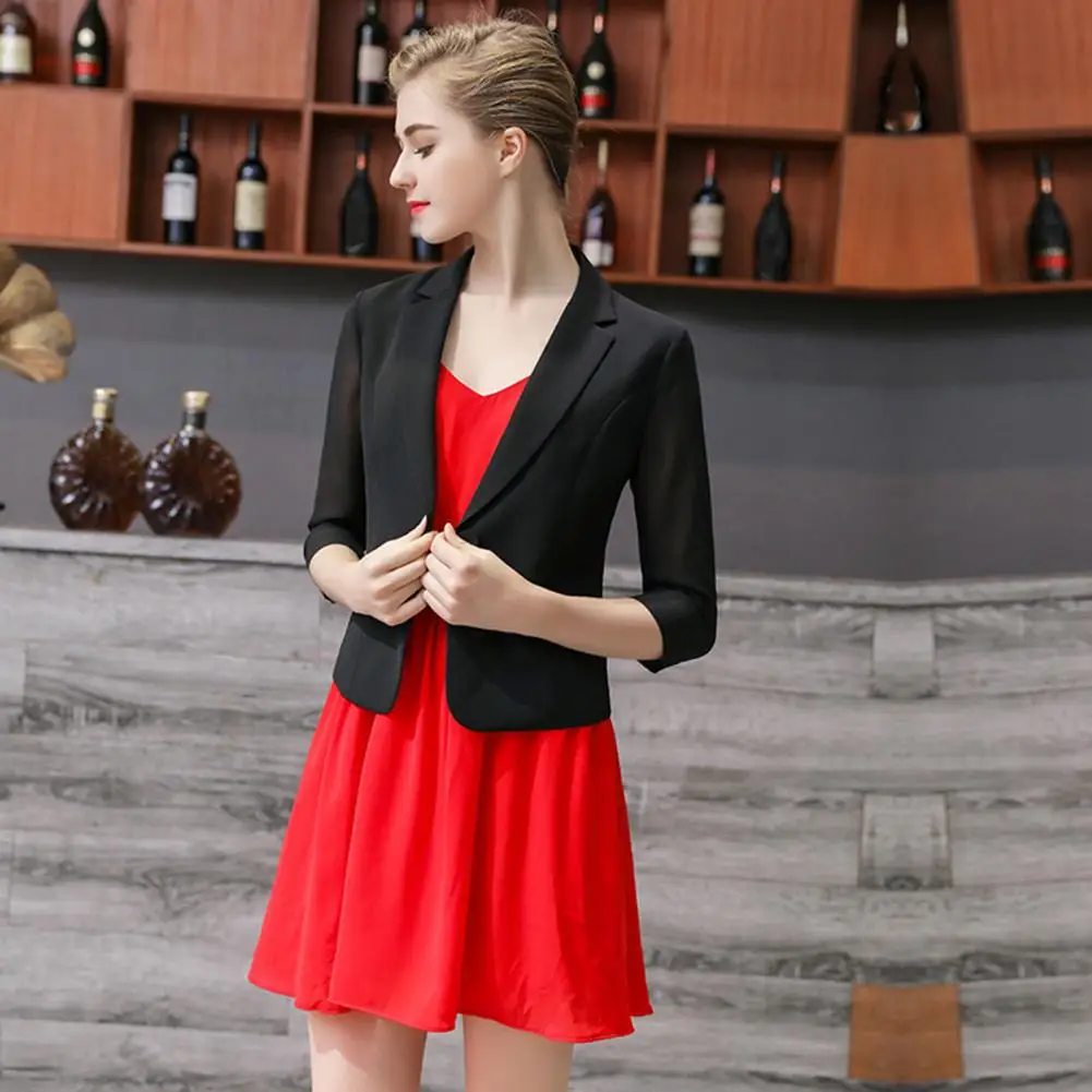 

Women Suit Coat Lapel Chiffon 3/4 Sleeve Cropped Blazer Slim Fit Single Button Women Blazer Workwear