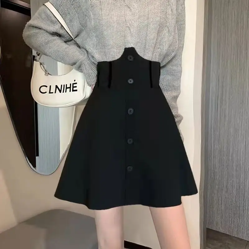 

Girl 2022 New Black Fishbone Skirt Preppy Style Large Size Lotus Leaf High Waist A-line Pleated Skirt Slimming Belly Cover Skirt