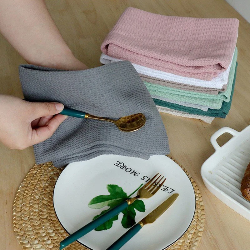 Waffle Cotton Cotton Tea Towel Cloth Table Napkins Weave Absorbent Dish Pink Grey White For Kitchen Cleaning images - 6
