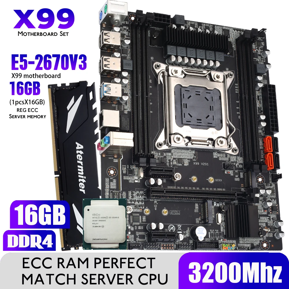 

Atermiter D4 X99 Motherboard Set With Xeon E5 2670 V3 LGA2011-3 CPU REG ECC RAM 1* 16GB 3200 DDR4 Memory