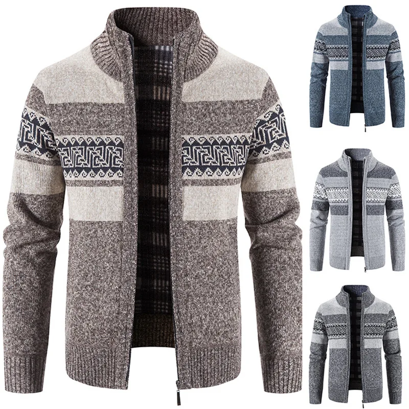 

Men's Cardigan Color Matching Jacket Casual Male Clothing Turtleneck Sweater Plush Thickened Sweater Autumn Winter Plush Coat
