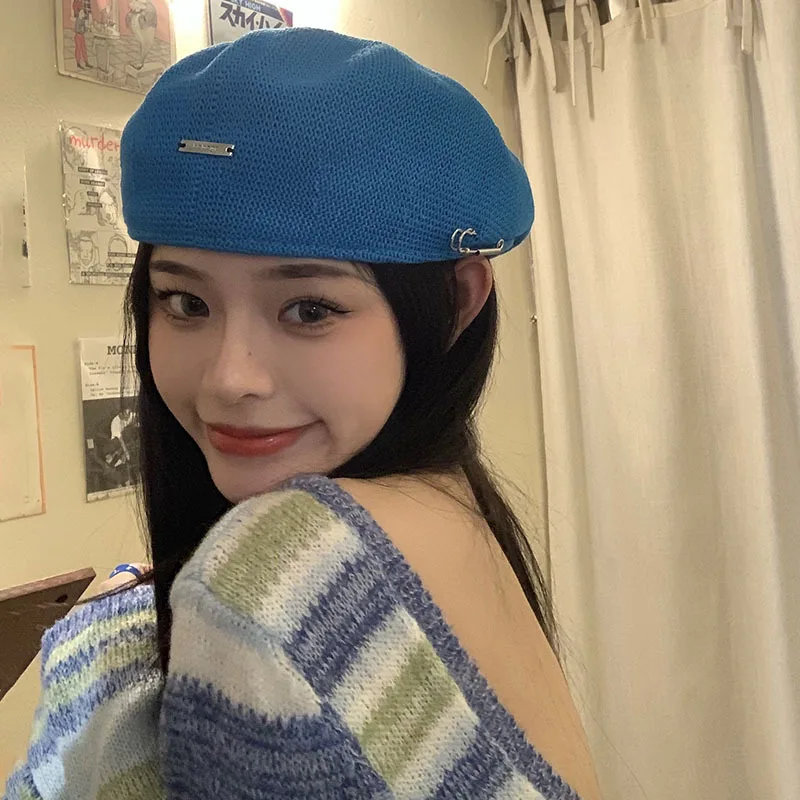 

FUNNYS New Korean Pin Reverse Beret Women's Temperament Summer Hollow Brimless Breathable Forward Cap beret hats