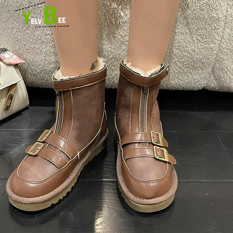 

Women Retro Buckle Fashion Platform Flats Shoes Ankle New Winter Plush Warm Goth Gladiator Chelsea Boots Chaussures Femme 2022