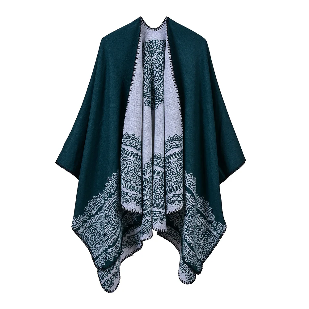 

Autumn Winter Women's Lace Pattern Generous Classic Catwalk Performance Wearing Shawl Pastoral style fork Ponchos Capes Green