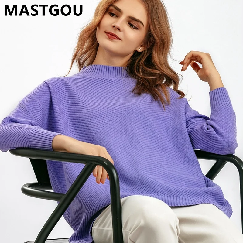 

MASTGOU High Low Hem Women Sweater Oversized Casual Loose Woman Winter Warm Pullovers Turtleneck Female Knitted Jumpers Tops