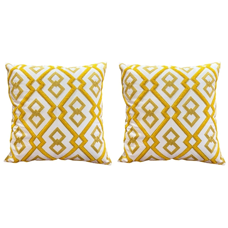 

2X Cushion Cover Cute Geometric Embroidery Pillow Case With For Sofa Bed Simple Home Decorative 45X45CM-Yellow