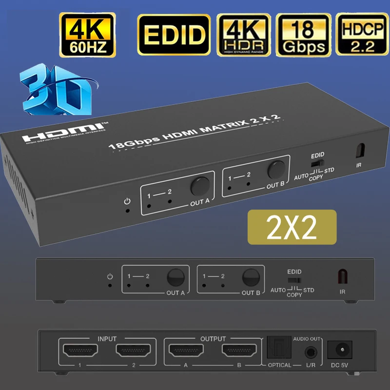 

HDR with Audio Extractor EDID 2 In 2 out 4K 60Hz Game live screen splitter HDMI Splitter hdmi matrix switcher YCbCr 4:4:4 4K60Hz