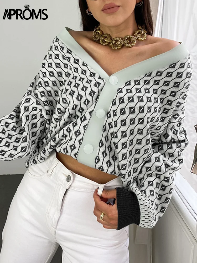 

Aproms Vintage Geometric Knitting Long Cardigans Women 2022 Winter Casual V-neck Oversized Sweater Lady High Fashion Outerwear