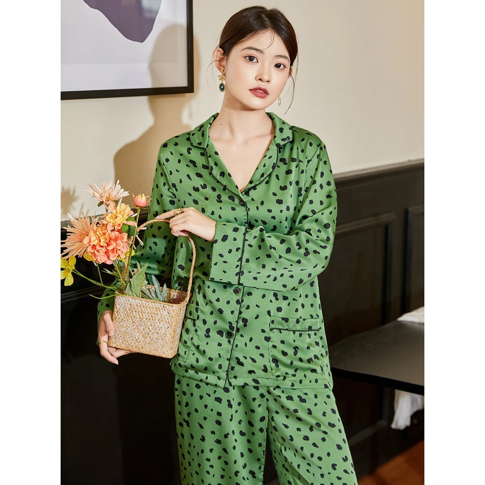 Maison Gabrielle 2022 Spring Summer Vintage Printed Pajamas Set Loungewear Sleepwear for Women 2 Pieces Long Sleeves Silk Satin
