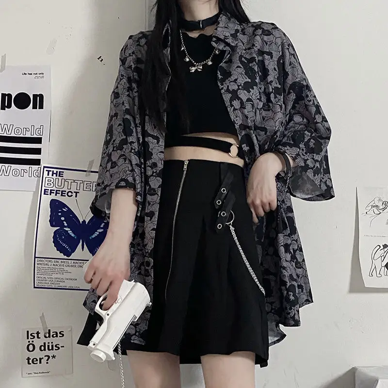 Y2k готическая Черная Рубашка летняя Harajuku Kpop кардиган с коротким рукавом японская