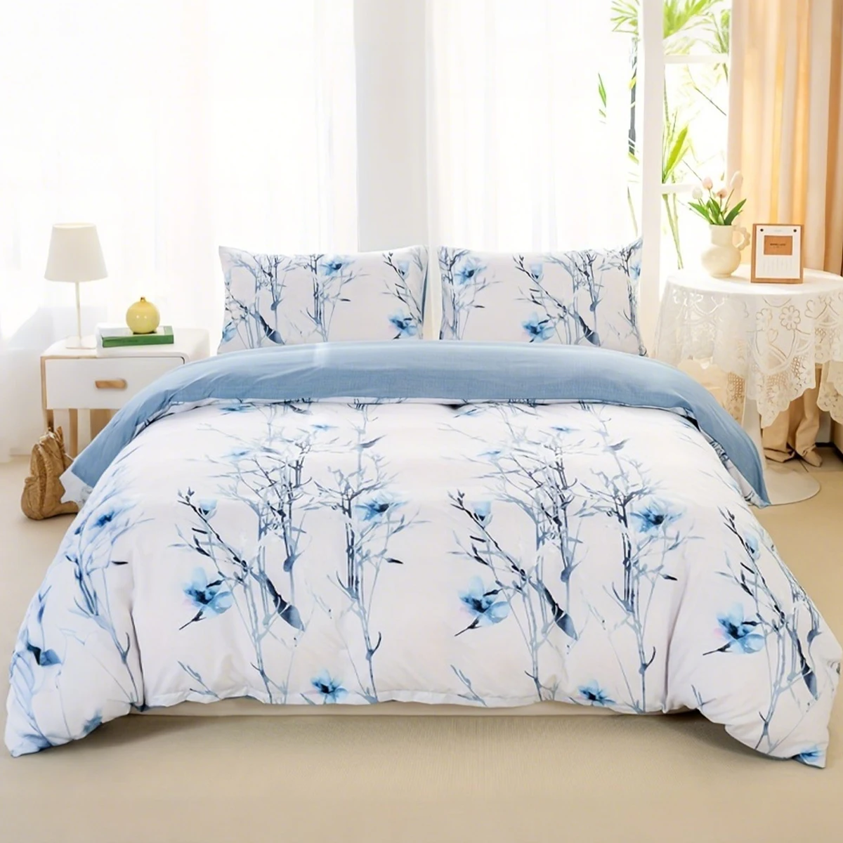 

Комплект постельного белья из 3 предметов, цветочный принт, полиэстер