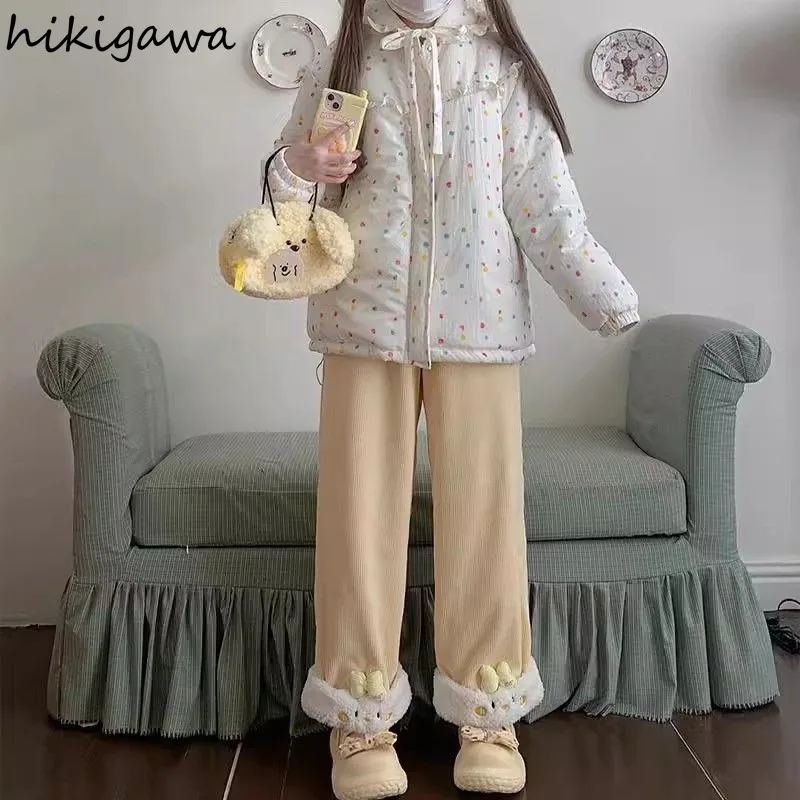 Японские широкие брюки новинка 2024 утолщенные винтажные милые с высокой талией